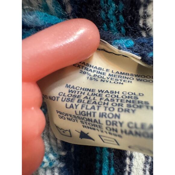 Title Nine cardigan sweater fair isle blue white mix pattern zip & pockets Sz L - Picture 7 of 8